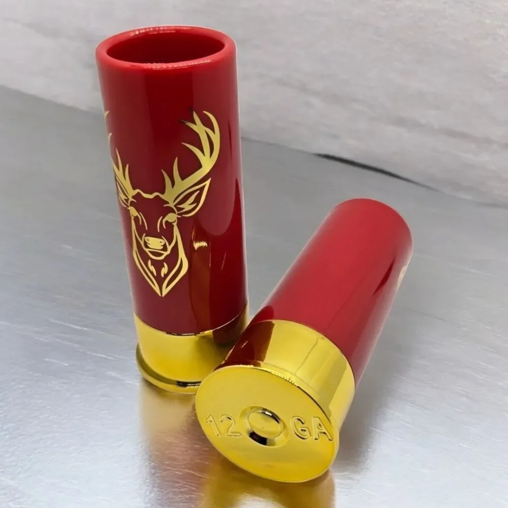 Gift Box Set 12 Gauge Shotgun Shell Red Shot Glasses Gold Deer Novelty Barware